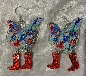 Fun & quirky floral chicken statement acrylic dangle earrings free postage - Picture 1 of 2