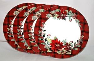Grace Fine Porcelain Holiday Poinsettia Holly Plaid Dinner Plates Set/4 New - Picture 1 of 3