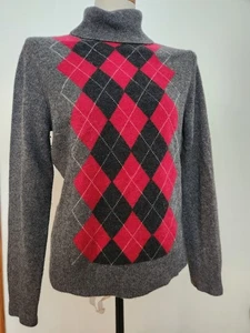 Vintage Apt 9 Kaschmir grau & rot Argyle Rollkragen Pullover Academia adrett Gr. L Y2K - Bild 1 von 13