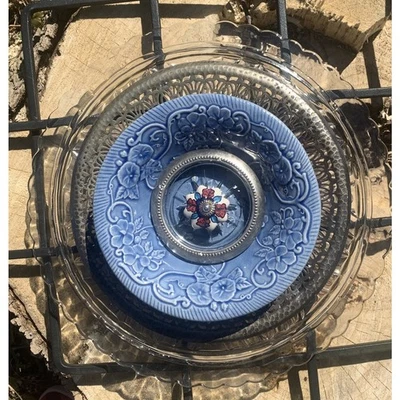 Arte de jardim de vidro reaproveitado apanhador de sol flor escultura feita à mão placa vintage original - Imagem 1 de 4