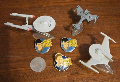 3 Star Trek Mini Galoob Micro Machine Spaceships & 3 Enameled pins, Kirk & Spock - Image 1 of 2