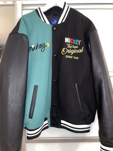 Vintage Mickey Mouse varsity bomber jacket Pull & Bear leather sleeves  - Picture 1 of 4