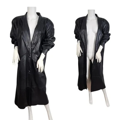 Express International 1980-х черный кожаный плащ я Sz Lrg - Изображение 1 из 4