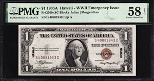 USPC FR#2300 $1 1935 A FRN HAWAII WWII EMERG ISSUE GRADED PMG 58 CHOICE AU EPQ - Picture 1 of 4