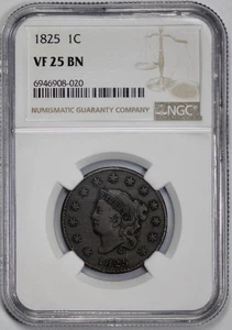 1825 Coronet Head Large Cent 1c NGC VF 25 BN Brown - Picture 1 of 4