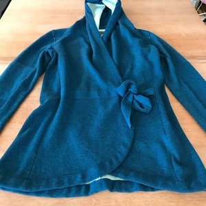 Title Nine Wrap Cardigan Women L Blue Tie Front Zip Pocket Hoodie Merino Wool - Picture 1 of 12
