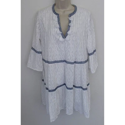 Tommy Bahama Dress XS White Jacquard Tiered Tassels Boho Resort Coastal Shift - Image 1 of 4