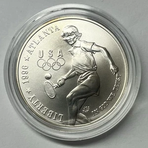 1996-D BU Olympic Tennis U.S. Mint Commemorative Silver Dollar 90% - Picture 1 of 2