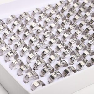 100pcs/lots Wholesale Silver Hollow Stainless Steel Rings For Men Women Jewelry