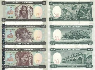 Eritrea 3 PCS Set: 1, 5 & 10 Nakfa (24.5.1997), p-1, p-2, p-3 UNC - Image 1 of 4