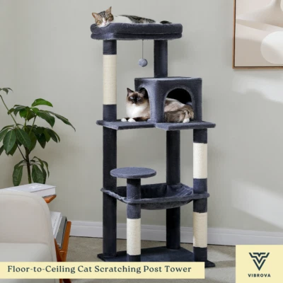 Floor-to-Ceiling Cat Scratching Post Tower | 5-Level Cat Tree with Hammock - Image 1 of 4