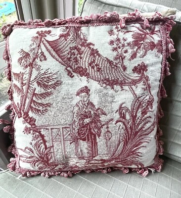 Wool Needlepoint Chinoiserie Toile Pillow Red & Cream With Tassels - Image 1 of 4
