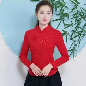 New Women's Long sleeve Tops Casual Chinese Style Floral T-shirt embroidery Tops - Picture 1 of 20