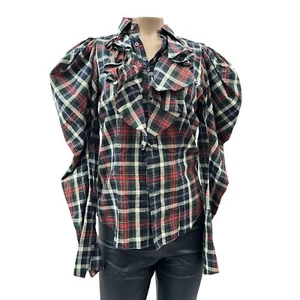 Ralph Lauren Vintage Rugby Plaid Check Ruffled Front Button Puff Sleeve Shirt 2 - Picture 1 of 11