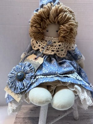 Primitive Folk Art Farmhouse 14” Ragdoll Blue Dress BrownHair Painted Face Signe - Image 1 of 4