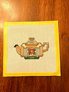 COMPLETED CROSS STITCH CHRISTMAS SQUARE TEAPOT W POINSETTA HANDSEWN BY SELLER NE - Picture 1 of 2