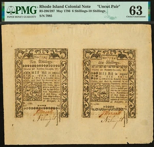 Mayo 1786 Rhode Island PAR SIN CORTAR Pop 1 PMG MS-63 Moneda colonial 10 y 6 peniques - Imagen 1 de 8