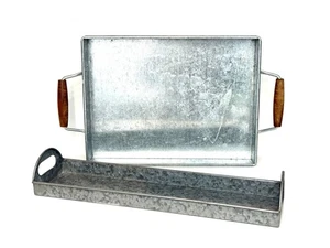 Set of 2 Galvanized Metal Trays Silver Rustic Farmhouse Country Style Decor - Picture 1 of 14