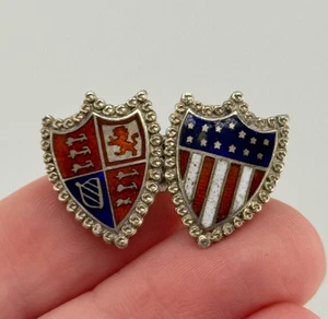 Antike Brosche Sterlingsilber Emaille amerikanische Flagge britisches Königswappen - Bild 1 von 10