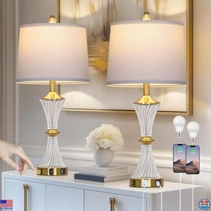 Moderne Weiß & Gold Kristallglas Tischlampe Duo mit USB-Anschlüssen & Steckdose - Bild 1 von 6