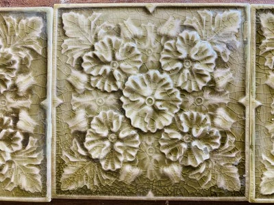 Antique 6x6 Fireplace Tiles – USETCo. – Olive Floral Relief, Set of 3 - Image 1 of 4