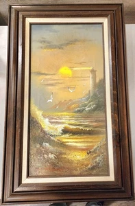 C.Charleston Leuchtturm Meereslandschaft Möwen 12 x 24" Kunstwerk Holzrahmen signiert - Bild 1 von 3