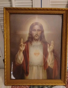 Vintage Wooden Framed Jesus "Sacred Heart" Picture Print Good Condition 11x9 - Picture 1 of 10