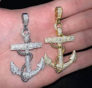 Mens Real Solid 925 Sterling Silver/14K Gold Anchor Pendant Necklace Iced Italy - Picture 1 of 11