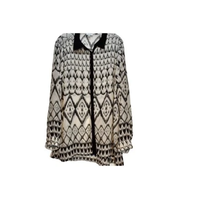 Blusa Avenue negra blanca crema patrón geométrico transparente pestaña enrollable cuello 14/16 Foto 1 de 4