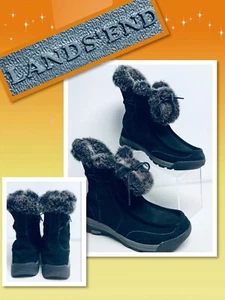 LANDSEND Size 7.5 Black Suede Look faux Fur Lined Square Toe ankle Boots 823010 - Picture 1 of 3