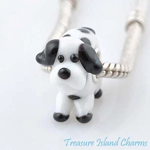 Black and White Dog Murano Glass 925 Sterling Silver European Bead Charm Euro - Picture 1 of 1