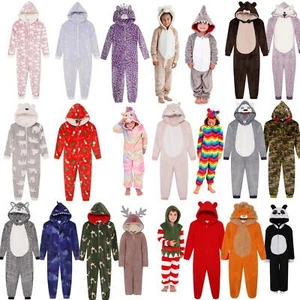 Kids Fleece Pyjamas All In One Girls Boys Childrens Jumpsuit Age 3-14 Years - Picture 1 of 128