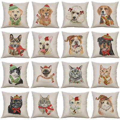 Christmas Cat Dog Throw Pillow Covers Xmas Animals Art Deco Zip Cushion Cover - Image 1 of 4