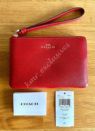 Polso nuovo con etichette Coach cerniera ad angolo con pelle a grana incrociata in ""rosso 1941"" prezzo al dettaglio: $78
