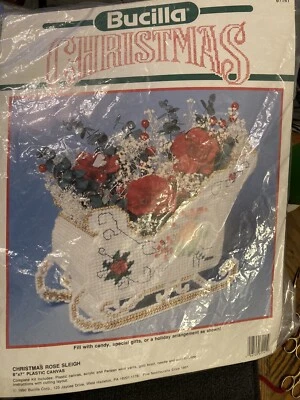  BUCILLA CHRISTMAS ROSE SLEIGH  PLASTIC CANVAS KIT OPENED - Image 1 of 3