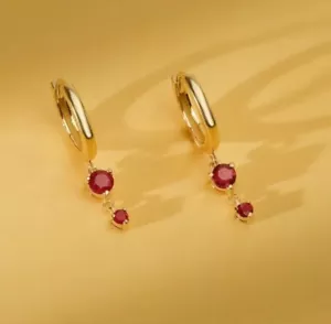 2 CT Round Cut Simulated Red Ruby Drop/Dangle Earrings 14K Yellow Gold Plated - Picture 1 of 4
