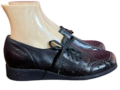 NOS 8.5 M Black Vtg 70s Womens Shoe Leather Wedge Heel Side Tie Mello Mates USA - Image 1 of 4