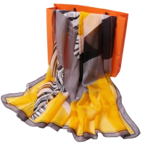 100% Silk Scarf Women neckerchief Shawl Wrap floral yellow gray black MY188-47 - Picture 1 of 2