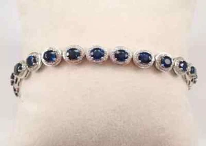 9Ct Oval Cut Lab Created Sapphire Halo Tennis Bracelet 14K White Gold Plated 7" - Picture 1 of 6
