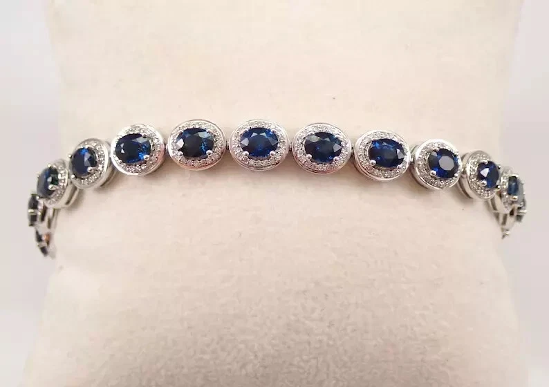 9Ct Oval Cut Lab Created Sapphire Halo Tennis Bracelet 14K White Gold Plated 7" - Image 1 of 4