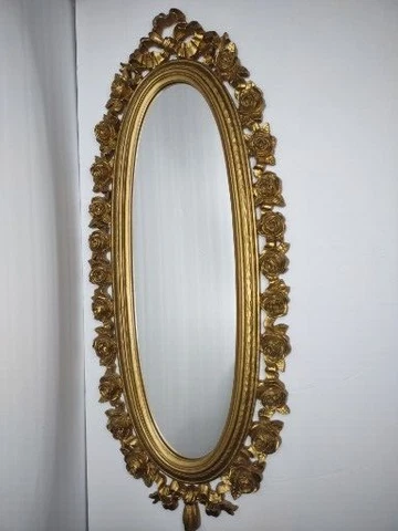 Vintage Syroco 2324 Long Oval wall mirror Gold Plastic Rose Bow 25” X 10” Cover