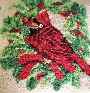 Cardinal Christmas Wreath Hooked Wool on Canvas Throw Pillow Approx 16x16 Inches