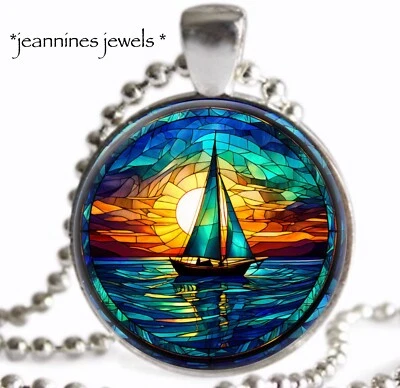 COLLAR VELERO PUESTA DE SOL imitación vitral arte impresión náutica playa joyería Foto 1 de 4