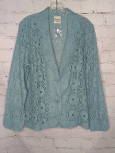 Bedford Fair Women's Aqua Floral Open Knit Button Up Long Sleeve Blazer Size 14 - Picture 1 of 8