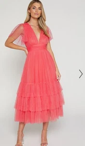 Showpo Dress Womens Size 12 Pink Jiraye Flutter Sleeve Plunge Midi - Picture 1 of 6