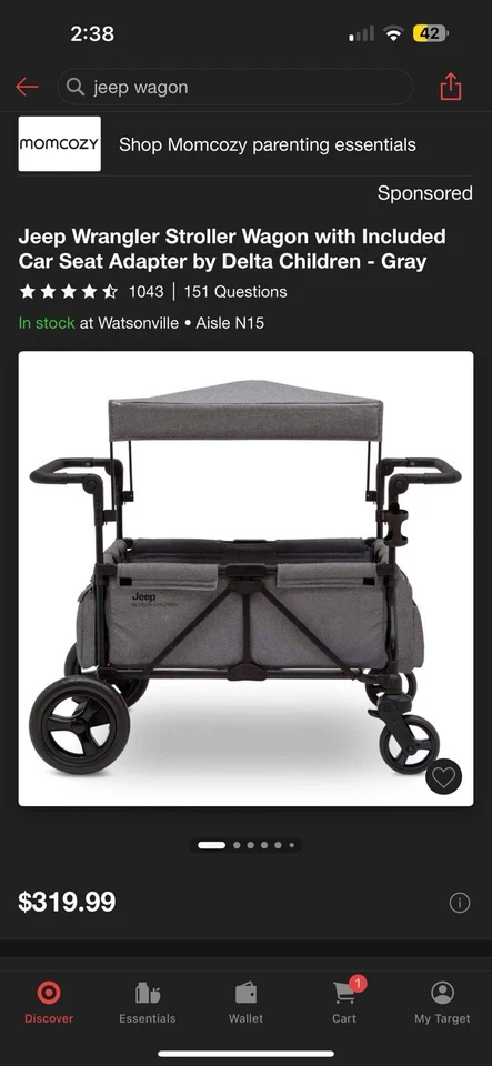 Jeep Deluxe Wrangler Stroller Wagon w/ Canopy & Storage – Gray – Gently Used - Image 1 of 1