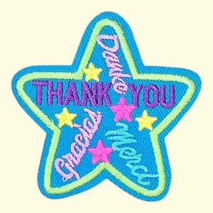 THANK YOU DANKE GRACIAS MERCI FUN COLORFUL STAR APPLIQUE IRON ON PATCH 2 X 2" - Picture 1 of 2