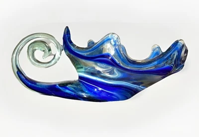 Vintage Murano Hand Blown Glass Swan Bowl Green Blue & White Colored Swirl 11.5” - Image 1 of 4