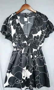 Y2K Babydoll Satin Womens Top Sz Large Black And White Floral Made In USA Wrappe - Picture 1 of 9