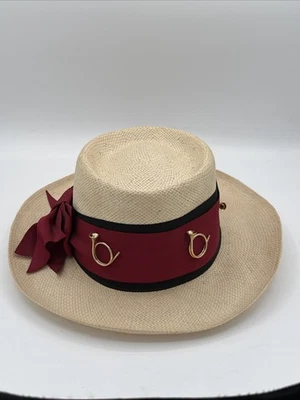 VTG Ladies M Panama Derby Straw Hat NY Hat Co. Red/Blk Ribbon 4 Brass Hunt Horns - Image 1 of 4